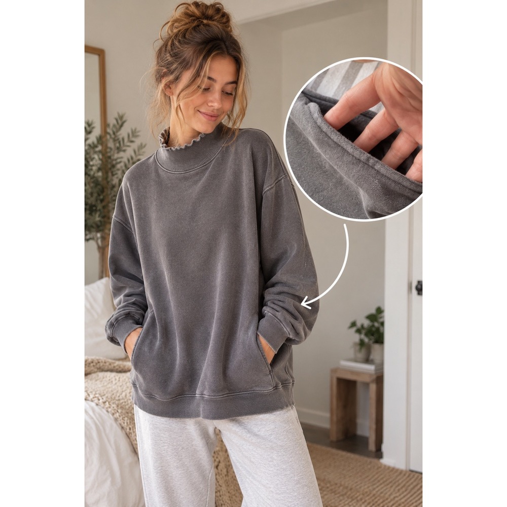 Aerie Oversized Mineral Wash Mock Neck Sweatshirt Gray Size L